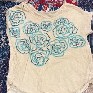 Free People Cream Top with Blue Floral Design